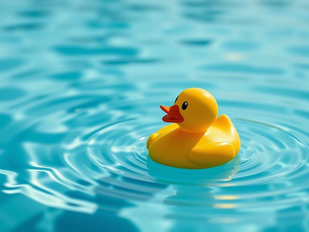 Create a vibrant, cartoon-style rubber duck floating on a blue ripple water surface captured with a Canon EOS 5D Mark IV, 50mm lens, f/2.8 aperture, ISO 100, natural daylight.