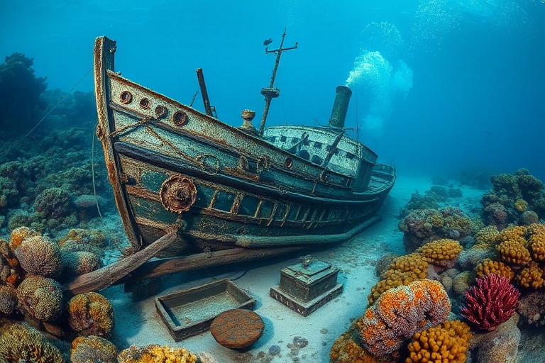 Create a detailed underwater scene showcasing a sunken ship surrounded by coral reefs and marine life, captured with a DSLR camera at ISO 100, f/8 aperture, 1/125s shutter speed, wide-angle lens, using natural light to highlight the textures and colors of the ship and underwater environment.