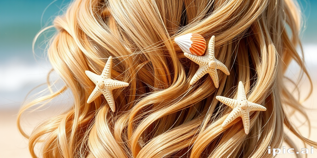 Sun-kissed golden blonde beach waves adorned with intricate seashell and starfish hair pins, evoking the carefree spirit of endless summer days by the shore.