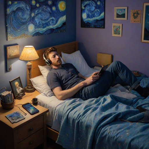 A top-down Van Gogh-style painting of a young man lying on his bed, listening to music with headphones. The room is softly lit with deep blues and purples, creating a peaceful nighttime atmosphere. The bed has a soft pillow, and the man's arms are resting behind his head. Around the bed, various glowing gadgets such as a smartphone, a laptop, and a small lamp are visible, casting a gentle light. The rest of the bedroom includes a desk with books, a chair, and a small rug on the floor. A window near the bed reveals a starry night sky with swirling stars, reminiscent of Van Gogh's 'Starry Night.' On the desk, there is a sketchbook with colorful drawings, a cup of coffee steaming gently, and a small potted plant. The walls have posters of famous paintings and a corkboard with pinned notes and photos. The scene is full of dynamic, swirling brushstrokes, capturing the essence of Van Gogh's unique style. The overall mood is serene and contemplative, with a touch of artistic inspiration.