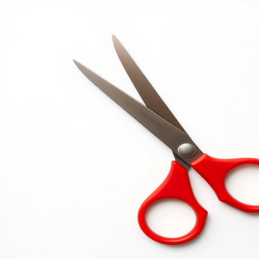 Create an image of a pair of red-handled scissors with a clean, white background, using a DSLR camera at f/2.8 aperture, ISO 100, 50mm lens, in a flat lay view to enhance clarity and detail.