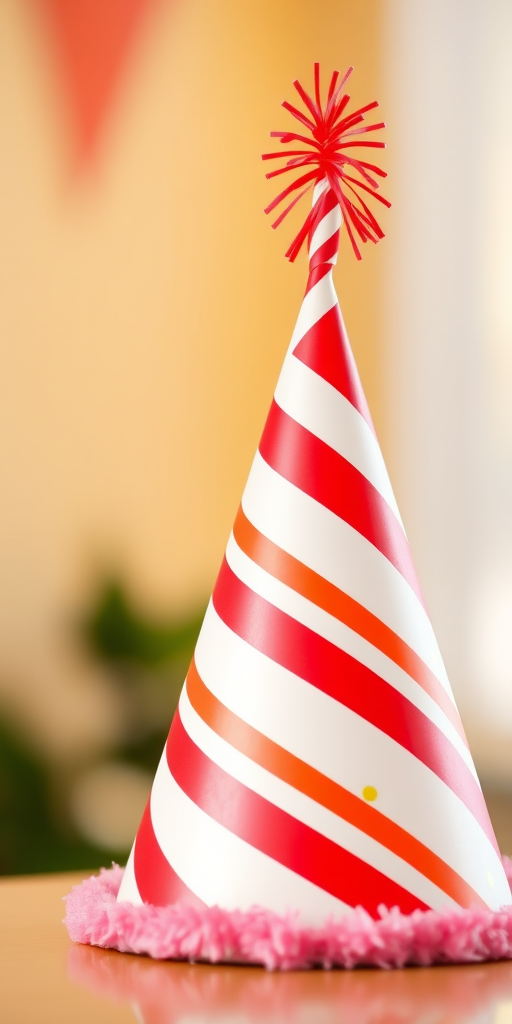 Create a colorful birthday party hat with red and white stripes, using an 85mm lens, f/1.8 aperture, natural lighting, and a soft focus background for a cheerful ambiance.
