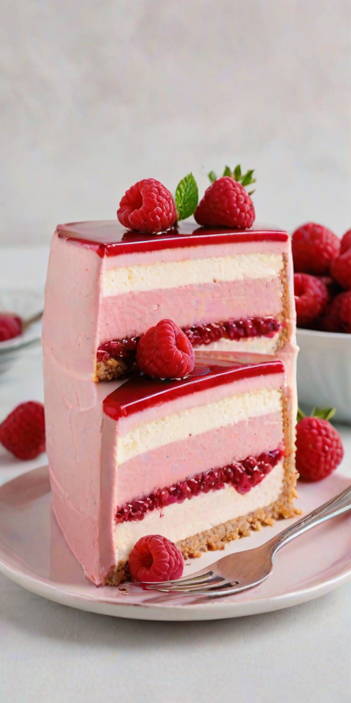 Generate an image of a beautifully layered raspberry mousse cake. The cake should have a smooth pink mousse layer topped with a glossy raspberry glaze. Decorate the top with fresh raspberries arranged elegantly. Include a slice of the cake on a separate plate with a spoon beside it. The background should be simple and light to highlight the cake's vibrant colors.