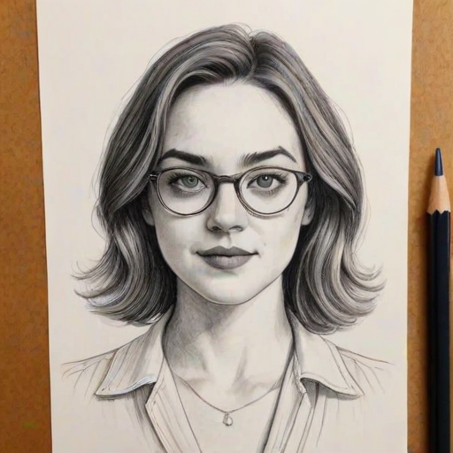Enchanting Violett Beane, pencil sketch, portrait of Captivating woman 1978s in glasses, hair style beatnik, outline, clear lines, fine lines, 8k