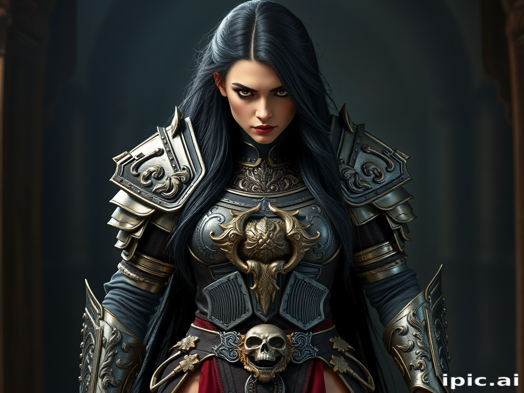 Create a photo of a fierce female warrior with long black hair, wearing an ornate, metallic armor. The armor includes a breastplate with intricate designs, shoulder guards, and gauntlets. The breastplate is decorated with a central emblem, possibly representing a mythical symbol, and has a sculpted, form-fitting design. She wears a belt with a large skull ornament at the center, and her armor extends into a partial skirt, revealing one leg. The overall look is both protective and stylish, with a dark, gothic aesthetic. The background is dimly lit, suggesting a medieval or fantasy setting, enhancing the warrior's imposing presence and intense expression.