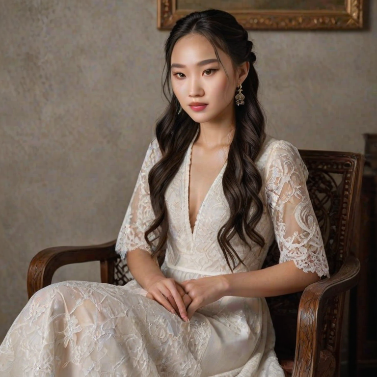 Create a portrait of a refined and elegant Mongolian woman seated in a sophisticated setting. She has long, wavy hair styled in two thick braids that are pulled over her shoulders. She wears a white, lace gown with intricate patterns, featuring a deep V-neckline and short sleeves. The dress exudes a vintage charm with its delicate lacework. She is adorned with ornate, dangling earrings that add a touch of glamour to her appearance. The background is softly lit, with warm, ambient lighting that creates a cozy and inviting atmosphere. Her expression is poised and serene, capturing a sense of grace and elegance.