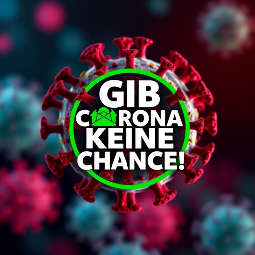 Create a vibrant graphic representation of a coronavirus symbol with the text "GIB CORONA KEINE CHANCE!" in bold white letters, featuring a green circular design, using a Canon EOS R5 camera with a 50mm f/1.2 lens, aperture set to f/2.8, ISO 200, and a soft focus background for heightened visual impact.