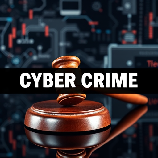 Create an image of a wooden gavel on a polished black surface with a backdrop of abstract digital patterns, featuring bold text saying "CYBER CRIME" diagonally across the image; use a DSLR camera at f/2.8 aperture, ISO 100, 50mm lens, and a low-angle shot for dramatic effect.
