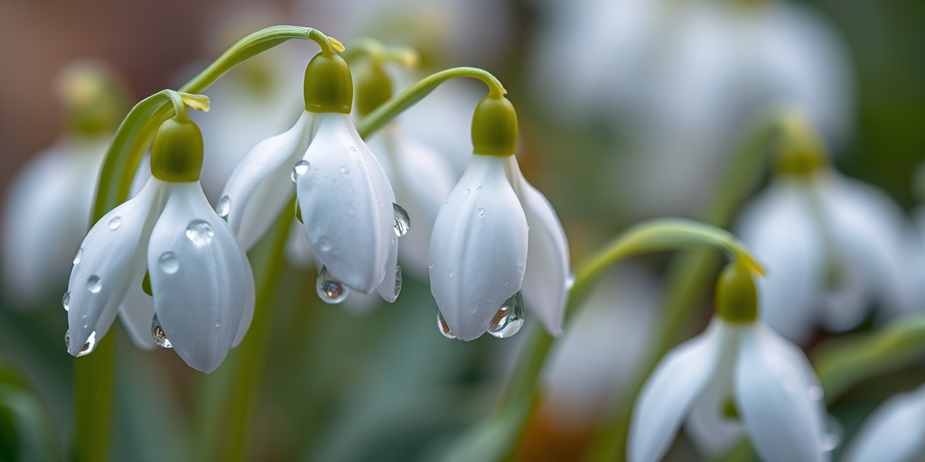 Close-up of snowdrop flowers with dew drops on petals, soft-focus background, using a macro lens, aperture f/2.8, shutter speed 1/200 sec, ISO 100, natural lighting, DSLR camera.