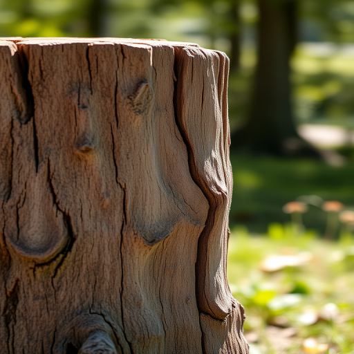 Create a high-resolution digital illustration of a wooden stump with detailed textures, soft natural lighting, captured with a DSLR camera at f/4 aperture, 50mm lens, ISO 100, in a bright outdoor setting with a shallow depth of field to enhance background blur.