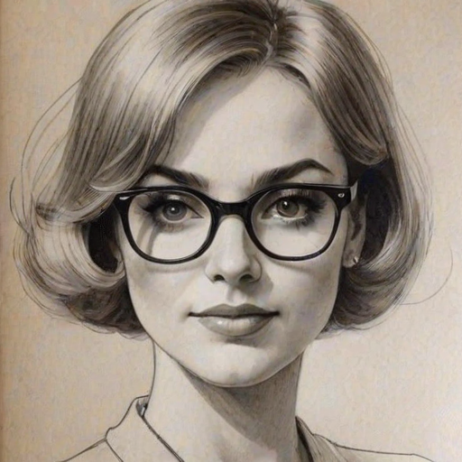 Enchanting Malin 'kerman, pencil sketch, portrait of Charming woman 1965s in glasses, hair style beatnik, outline, clear lines, fine lines, 8k