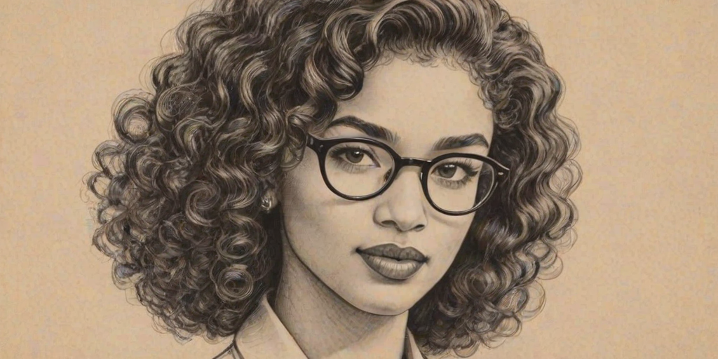 Appealing Indya Moore, pencil sketch, portrait of Ravishing woman 1945s in glasses, hair style beatnik, outline, clear lines, fine lines, 8k