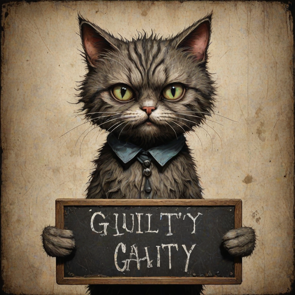 A comical cartoon-like scruffy cat, battered, dirty, with a mug shot and 'guilty' written on the board, in a whimsical and surreal art style with dark fantasy themes, dramatic lighting effects, minimalist and abstract touches, hyper-realistic details, textured backgrounds, vintage aesthetics, playful and exaggerated characters, gothic aesthetics, intricate designs, detailed patterns, and artistic composition