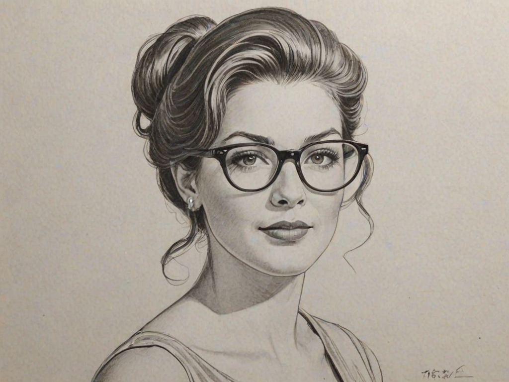 Superb Bianca Kajlich, pencil sketch, portrait of Elegant woman 1956s in glasses, hair style beatnik, outline, clear lines, fine lines, 8k