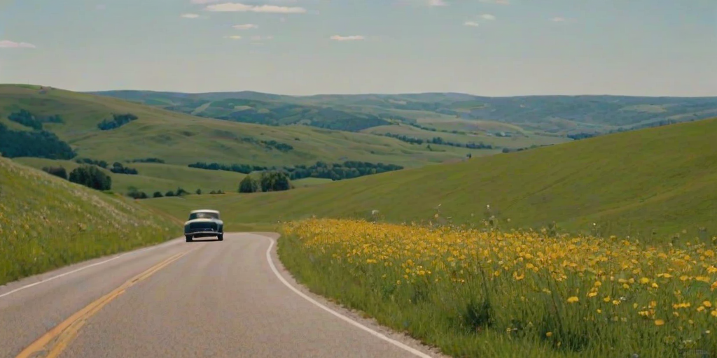 Scenic view of a countryside road lined with blooming wildflowers, a vintage car driving by, and rolling hills in the distance, evoking a sense of freedom and adventure.
