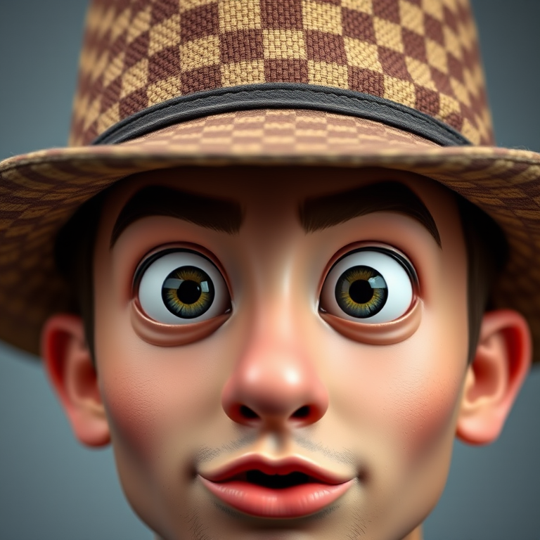 Create a cartoonish face of a man with a brown checkered hat, large expressive eyes, an open mouth showing red lips, and a flat nose, captured in high resolution with a DSLR camera at f/2.8 aperture, 50mm lens, 1/125 sec shutter speed, with a shallow depth of field to focus on the facial details.