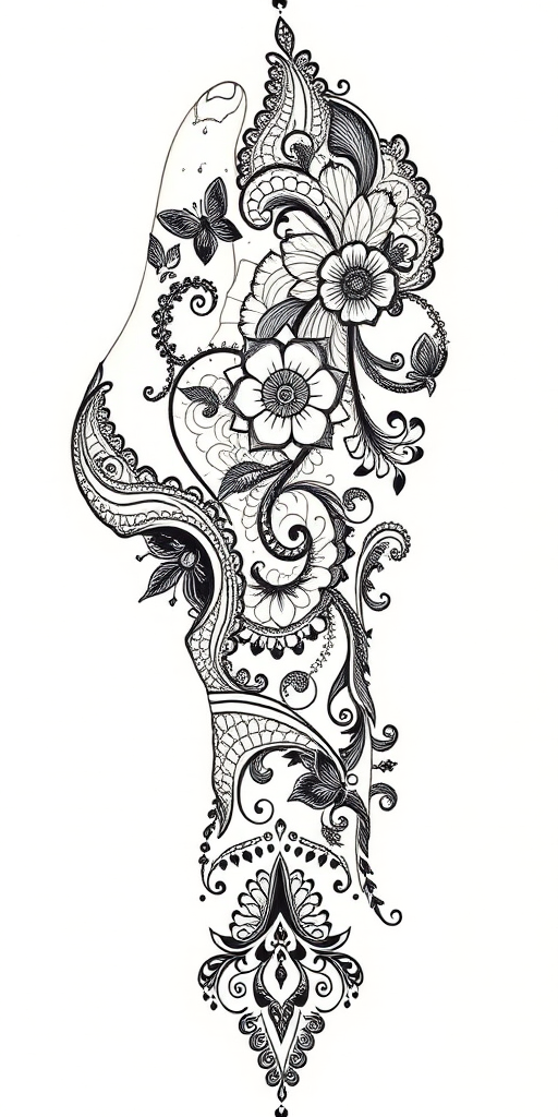 Ornate mehndi-inspired blackwork tattoo called "Lace of the Orient" featuring intricate henna-like patterns flowing organically across the skin delicate swirls paisleys and floral motifs intertwine creating the illusion of dark lace adorning the body with mesmerizing symmetry and grace