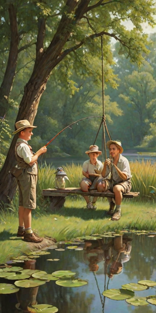 Imagine a small group of old fashioned young boys out fishing by the creek, a swing hanging from a tree branch, reeds and grasses by the water's edge, a frog sitting on a lily pad, dragonflies hovering over som water plans, a very iconic old fashioned scene reminiscent of a Norman Rockwell painting style