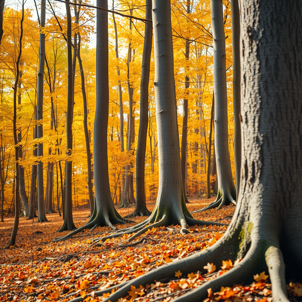 Regenerate a watercolor painting of trees in a forest during autumn with warm yellow and orange tones, using a Canon EOS R5 with a 50mm lens, aperture f/4, ISO 100, shot from a low angle to capture the intricate details of the bark and roots in soft natural light.