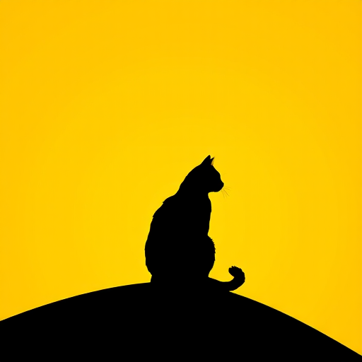 Create a silhouette of a black cat sitting on a curved hill against a vibrant yellow background, using a Canon EOS R5 with an 85mm lens, f/2.8 aperture, ISO 100, and a shallow depth of field for enhanced clarity and contrast.