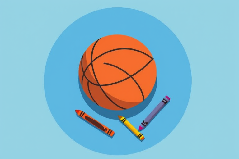 Create an illustration featuring a basketball, a pair of scissors, and a crayon on a blue circular background, shot with a DSLR camera at f/2.8 aperture, 50mm lens, ISO 100, natural lighting, and a shallow depth of field to emphasize the objects.
