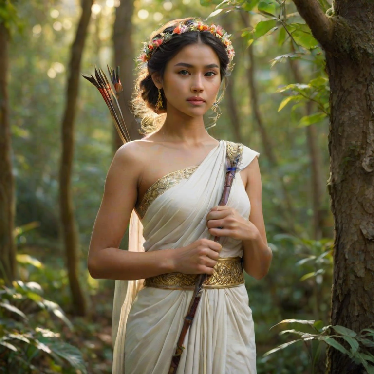 Create a portrait of a goddess-like Nepali girl figure in a tranquil, forested environment. She has an elegant appearance with long, wavy hair styled in an updo and adorned with a delicate, floral headband. She wears a flowing, ancient Greek-inspired gown in a soft, pale color, featuring a one-shoulder design and draped fabric that accentuates her graceful form. The outfit includes a decorative belt with ornate gold detailing, and she holds a bow in her hand, with a quiver of arrows slung over her shoulder. The background depicts lush greenery, with sunlight filtering through the trees, casting a gentle, ethereal light on the scene. Her expression is calm and contemplative, embodying a sense of wisdom and serenity.