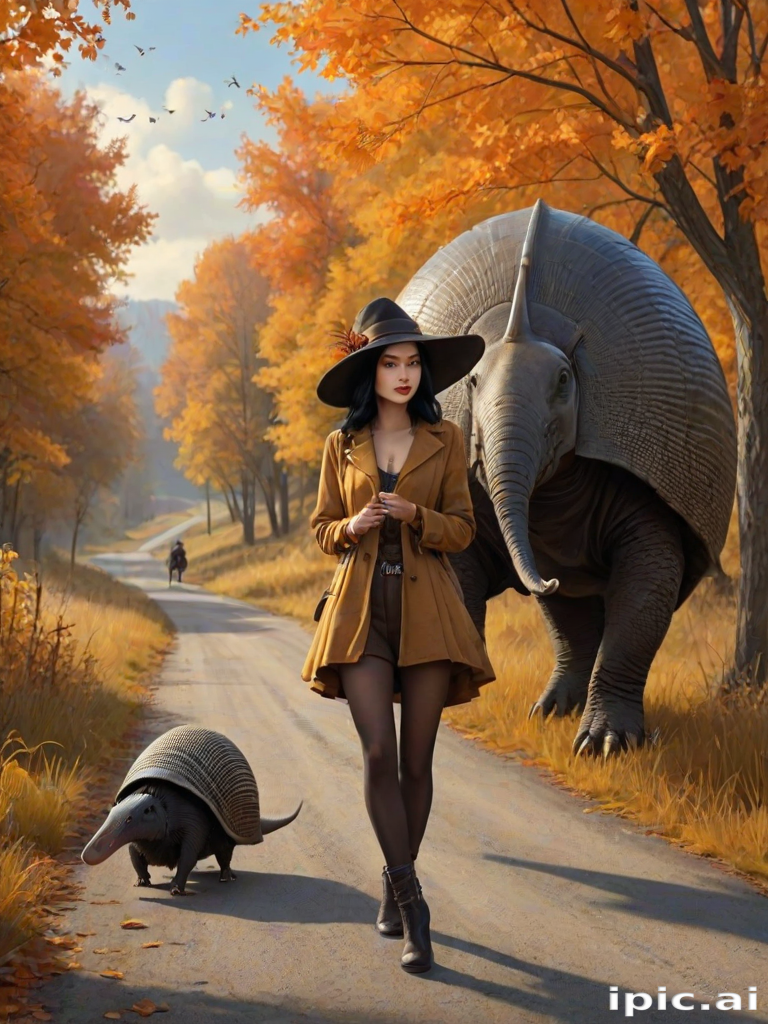 digital art fantasy depicting a strange girl with black hair, long eyelashes, orange lipstick and a tall hat walking along a winding road on an autumn afternoon, an armadillo smiles as he passes