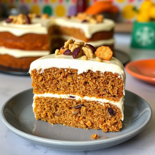 A delicious slice of layered carrot cake with cream cheese frosting on a gray plate, garnished with crushed nuts and dried fruits, with a blurred background of more cake and a vibrant kitchen setting.