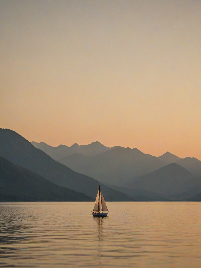 Softly focused image of a lone sailboat drifting across a calm lake at sunset, soft light from the golden sky reflecting on the water, with distant mountains silhouetted against the horizon.