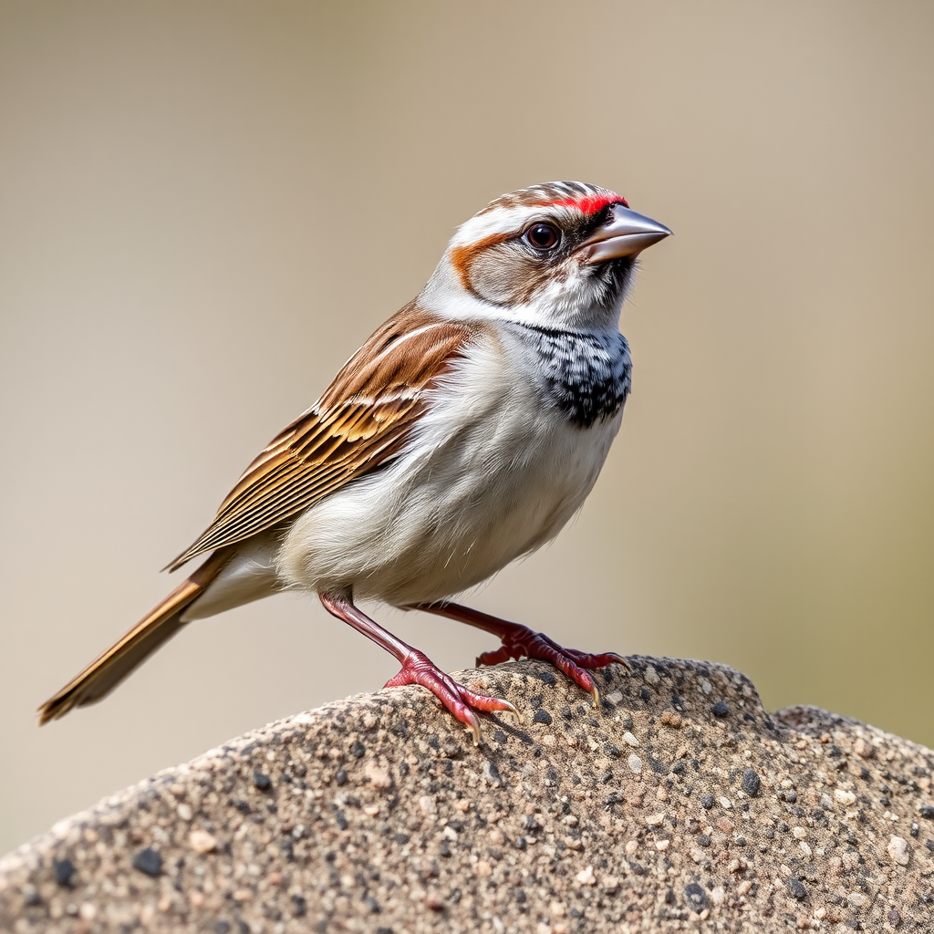 A close-up shot of a sparrow perched on a textured surface, natural lighting, shallow depth of field, aperture f/2.8, ISO 200, shutter speed 1/500s, DSLR camera, 50mm lens.