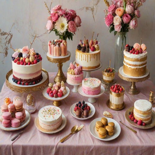 Create an image of a variety of beautifully decorated cakes arranged on a wooden table. Each cake should feature different colors and designs, with vibrant flowers, macarons, and decorative elements like gold accents and drips. The setting should be bright and modern, with a clean and inviting atmosphere.