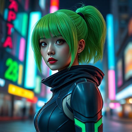 Create a high-resolution image of a female character with vibrant green hair and futuristic attire, set in a neon-lit cityscape at night, using a 50mm lens, f/1.8 aperture, ISO 200, with a shallow depth of field for a cinematic style, shot on a DSLR camera.