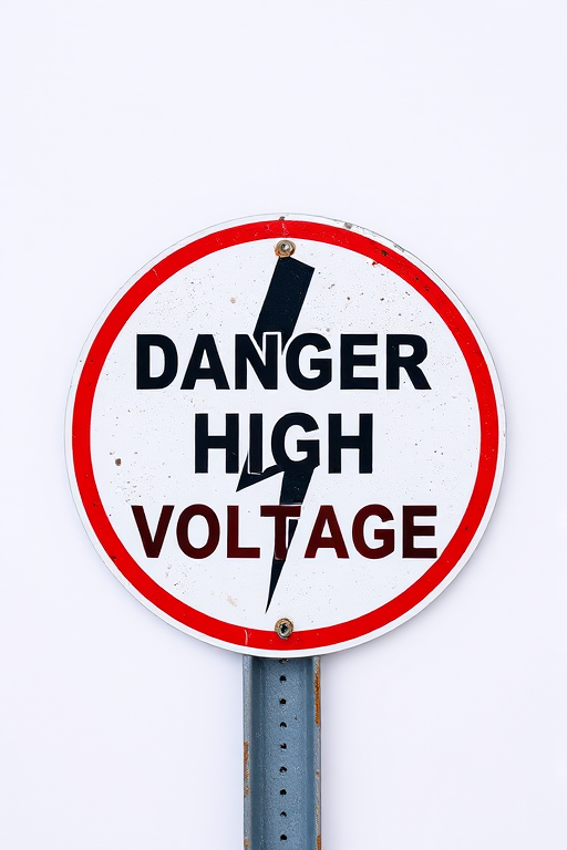 Create a high-resolution image of a warning sign that says "DANGER HIGH VOLTAGE" with a lightning symbol, using a DSLR camera with a 50mm lens, aperture f/2.8, ISO 100, and natural lighting, capturing a clear view of the sign against a plain background.