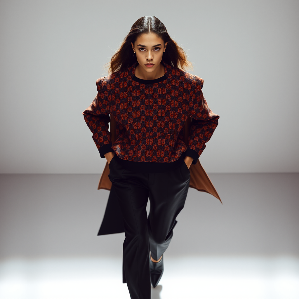 Capture the model from a high angle, emphasizing the outfit’s pattern and silhouette. Use a 35mm prime lens to maintain sharpness and minimize distortion