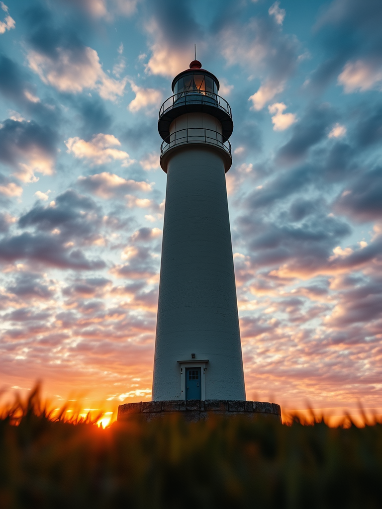Lighthouse at sunset with dramatic clouds, captured with a DSLR camera, 24mm lens, aperture f/11, ISO 200, shutter speed 1/125 seconds, shot from a low angle to enhance perspective and foreground detail.
