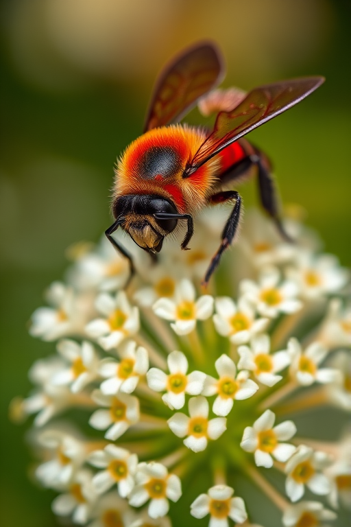 Close-up of a red and black bee hovering over a cluster of delicate white flowers, shallow depth of field, soft natural lighting, ISO 200, f/2.8, 1/500s, macro lens, DSLR camera, vibrant colors.