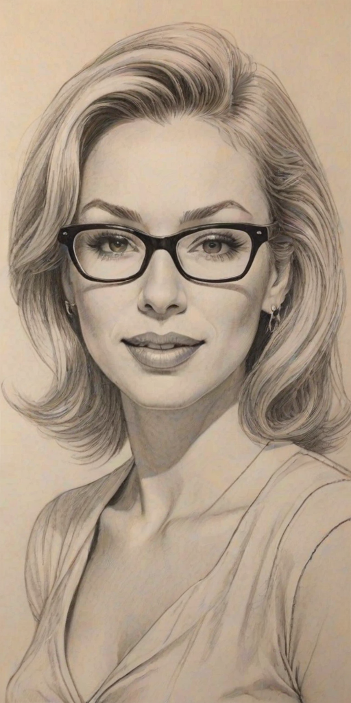 Wonderful Debbie Gibson, pencil sketch, portrait of Enchanting woman 1949s in glasses, hair style beatnik, outline, clear lines, fine lines, 8k