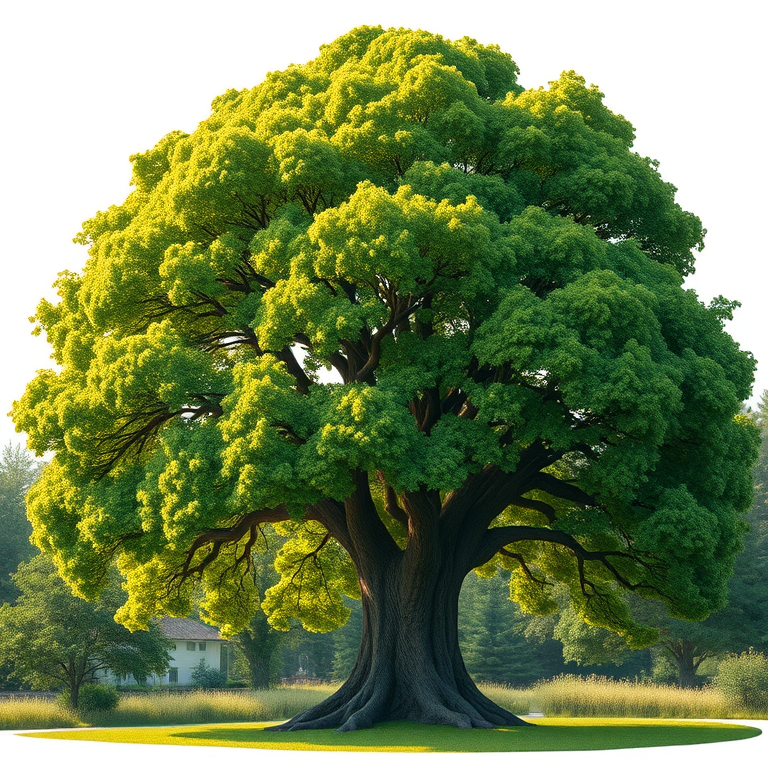 Generate a highly detailed illustration of a large, vibrant green tree with a thick trunk and lush foliage, captured with a DSLR camera at f/8 aperture, ISO 100, 50mm lens, in a natural setting with soft diffused lighting.