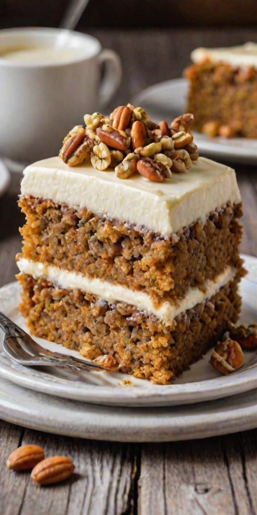 Generate an image of a slice of layered carrot cake with cream cheese frosting, featuring visible layers of cake and frosting, garnished with chopped nuts and a decorative swirl of frosting on top. The background should have a rustic wooden table setting with a blurred cake in the background.
