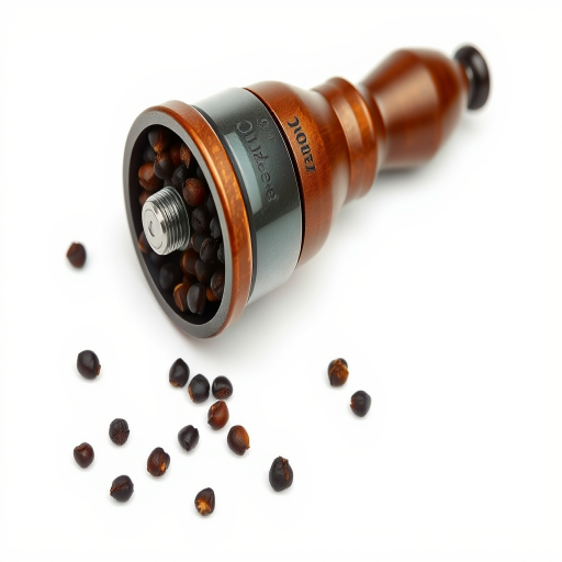 Create a high-resolution illustration of a pepper grinder filled with black peppercorns set against a clean white background, using a Canon EOS R5 camera with a 50mm lens at f/1.8, ISO 100, and a 1/125s shutter speed for enhanced detail and clarity.