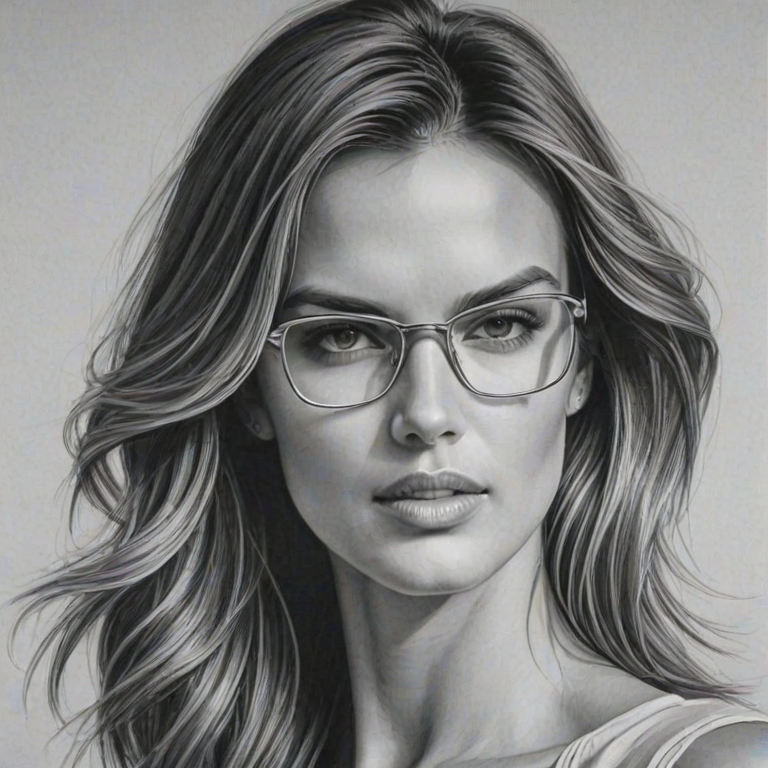 Graceful Alessandra Ambrosio, pencil sketch, portrait of Radiant woman 1971s in glasses, hair style beatnik, outline, clear lines, fine lines, 8k