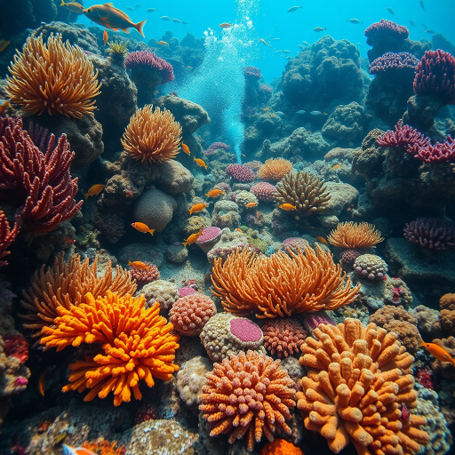 Create a vibrant underwater scene featuring a variety of colorful coral reefs and diverse fish species, captured with a Canon EOS R5, 24mm lens, f/8 aperture, 1/125s shutter speed, ISO 200, wide-angle view, natural lighting, high dynamic range for rich colors and details.