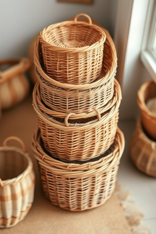regenerate a high-resolution image of stacked wicker baskets with a blurred background, using a DSLR camera with a 50mm lens at f/2.8, ISO 100, shutter speed 1/125s, in natural light from a soft window source, capturing a top-down view for a cozy, inviting feel.