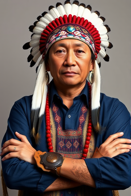Create a dignified portrait of a Native American man dressed in traditional attire. He wears a beautifully crafted headdress adorned with white feathers and red beads, along with a beaded headband featuring intricate patterns. His clothing includes a deep blue, patterned shirt and a traditional chest piece with detailed beadwork. His arms are crossed, displaying leather armbands decorated with feathers. The background is simple and neutral, emphasizing his proud and stoic expression. The overall image captures the rich cultural heritage and strength of his persona.