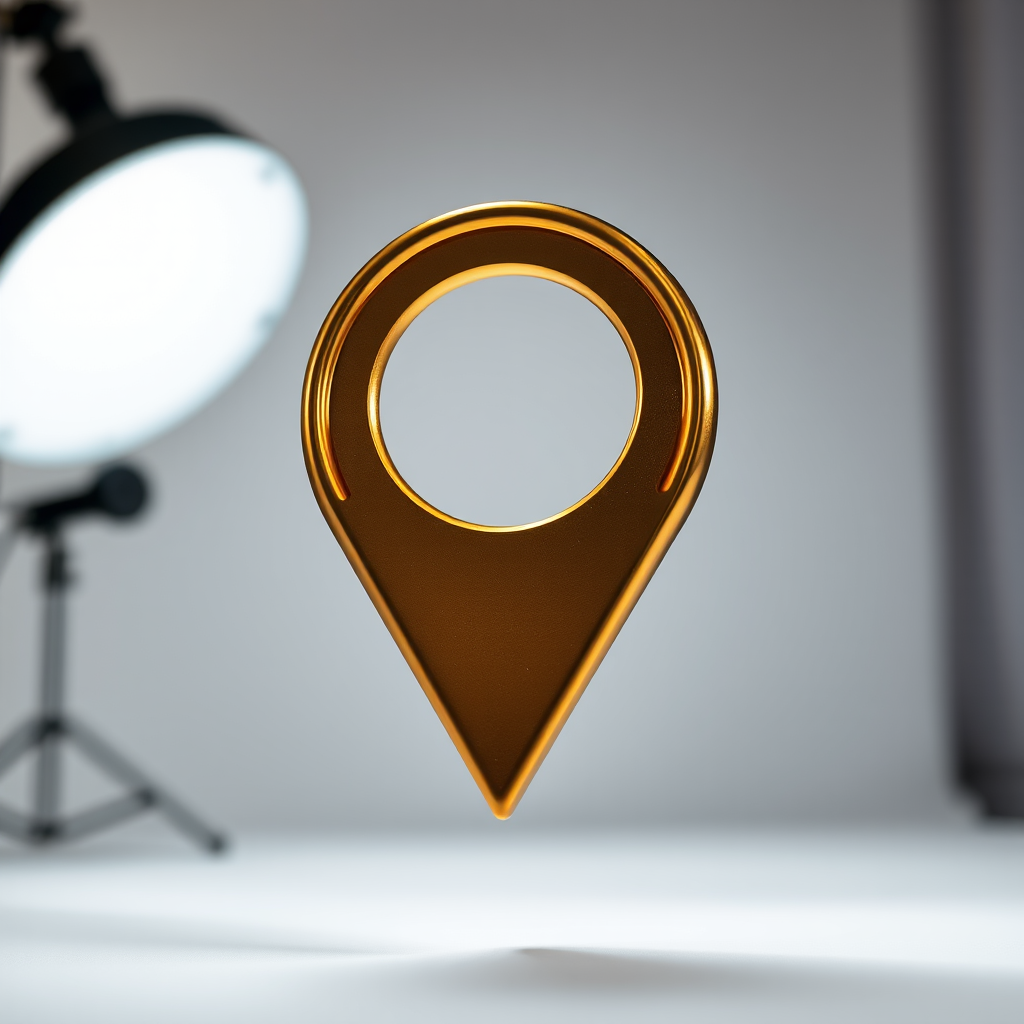 Create a high-resolution image of a gold location pin symbol with a shiny metallic finish, using a DSLR camera with an aperture of f/1.8, shutter speed of 1/100s, ISO 100, in a studio setup with softbox lighting for even illumination.