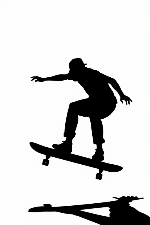 Generate a high-quality illustration of a minimalistic black silhouette of a skateboarder mid-action with smooth lines and dynamic pose, DSLR camera settings: f/2.8 aperture, ISO 100, 1/500 shutter speed, shot from a low-angle view to emphasize movement, using a Canon EOS 5D Mark IV with a 50mm lens.