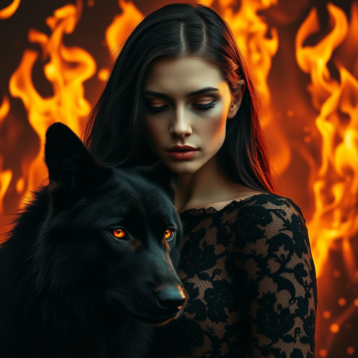 A woman with long dark hair, wearing a black lace dress that seamlessly blends into her skin with intricate floral patterns. She is in the foreground, with a black wolf beside her; its fur is midnight black, and it has glowing, intense, orange eyes that match hers. Her eyes are partially closed with burning embers above them, giving a fiery and mystical aura. The background is engulfed in tall, roaring flames, contributing to an overall dark and supernatural atmosphere. The colors are intense, predominantly black, fiery orange, and deep reds, with sharp contrast highlighting the mysterious and fierce theme. The flames are bright and dynamic, casting dramatic light and shadow, illuminating the woman and wolf while leaving parts in near darkness. The image evokes a sense of otherworldly power and connection between the woman and the wolf.