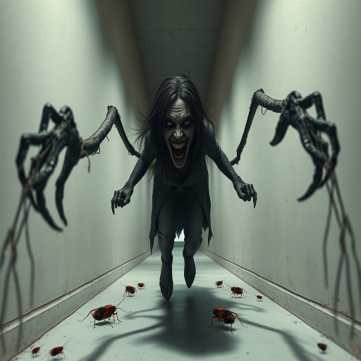 a crooked woman with long arms and a creepy smile is crawling along a long white corridor and you can also see cockroaches in it there is a creepy atmosphere creepy art style