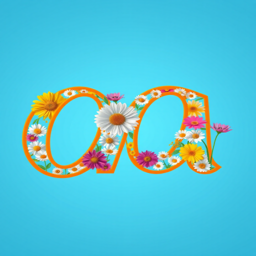 Create an image of the letter 'a' in a whimsical design, filled with colorful flowers like daisies and adorned with vibrant orange outlines, using a DSLR camera with a 50mm lens, f/1.8 aperture, ISO 100, and a shallow depth of field to enhance clarity and focus on the letter against a bright blue background.