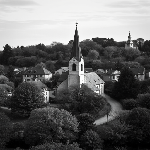 Capture a high-resolution black and white image of a quaint village featuring a steepled church, nestled among trees and houses, using a Canon EOS R6, 50mm lens, f/8 aperture, ISO 100, 1/200 sec shutter speed, with a slight aerial view to enhance depth and detail.